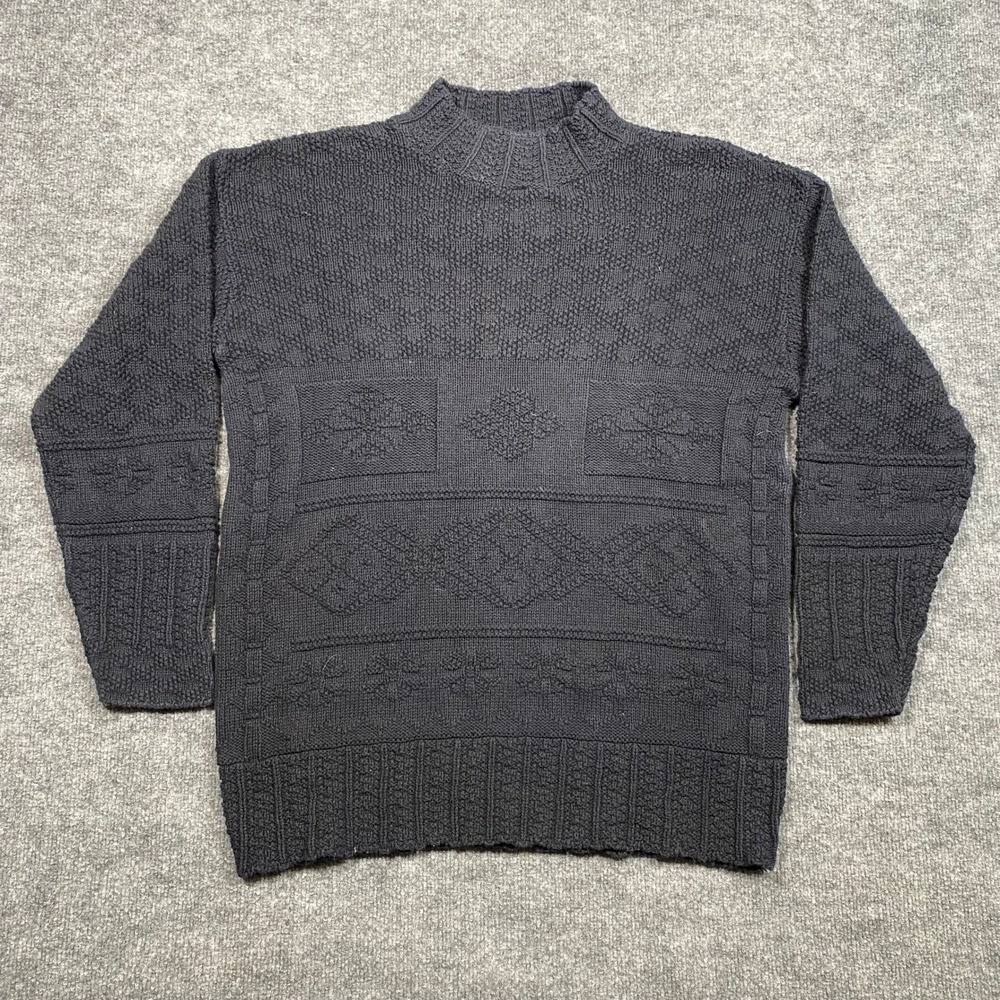 Bella Cottons Vintage 90s Black Textured Knit Mock Neck Cotton Sweater Mens L